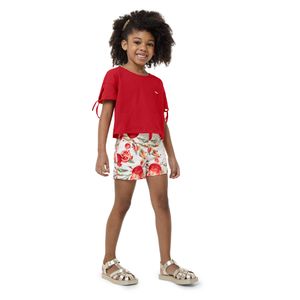 Conjunto Menina Em Malha Texturizada e Shorts Acetinado- Carinhoso